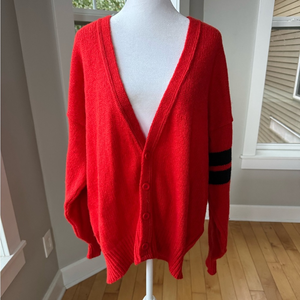 Vintage Lands’ End Red Orange Black Striped V Neck Wool Cardigan Sweater Sz M - Picture 4 of 8